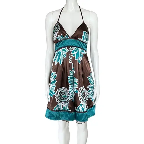 Vintage Y2K Brown Teal Floral Halter Satin Party Dress. XS. Girlhoodcore Fairy