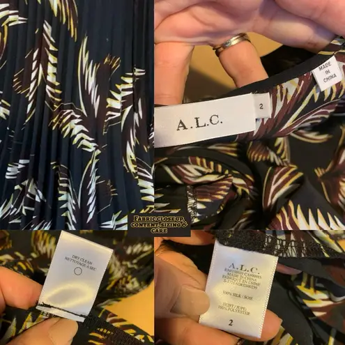 ALC Frank A.L.C. SILK “RORY” PALM LEAF PRINT BLACK & BROWN PLEATED SPLIT SLEEVE DRESS (2)