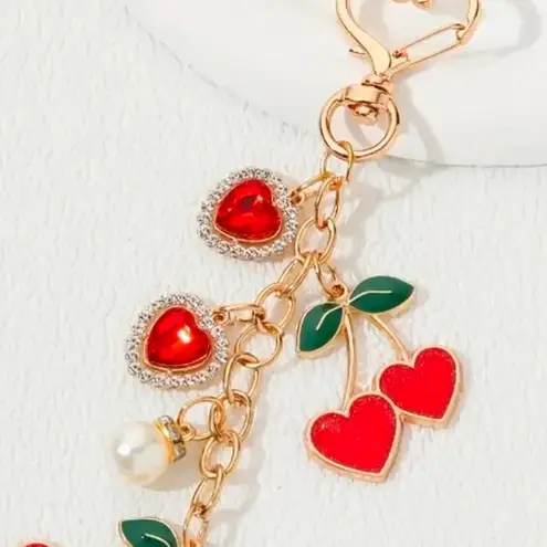 Gold Heart & Cherry Dangle Bag Charm Keychain NWT Red