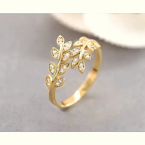 Boutique NEW Women's 14k Gold‎ Filled Solid Leaf Simulated Diamond Adjustable Ring