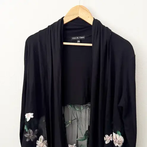 KIM & CAMI | Black Floral Print Open Front Drape Cardigan Sheer White | Large