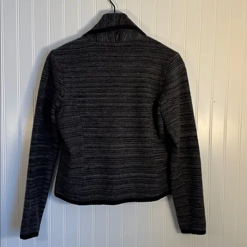 Loft  100% Merino Wool Charcoal Knit Black Trim Cropped Blazer Cardigan Small