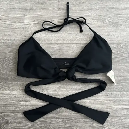 Aerie NWT  Scoop Bikini Top Black Wrap Around Waist Tie Front Halter Medium