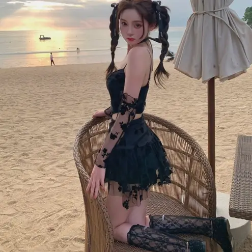 Kfashion Jennie Style Black Lace V Neck Crop Top Mini Dress 3