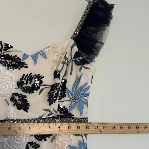 Lulus Show Stopper Cream Embroidered Sequin Bodycon Maxi Dress XS Tulle Gown Tan