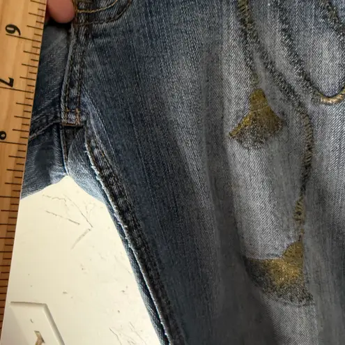 Southpole Y2K Embroidered Flare Jeans Size 7 Mid Rise Gold Stitching Distressed