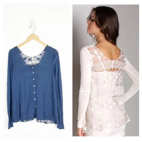 Free People  Easy Breezy Jersey Lace Back Tee Smal Navy Blue Long Sleeve