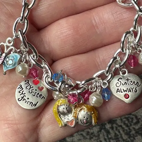 Sister Friendship Charm Bracelet Silver Tone Chains Lucite Beads Engraved Charms
