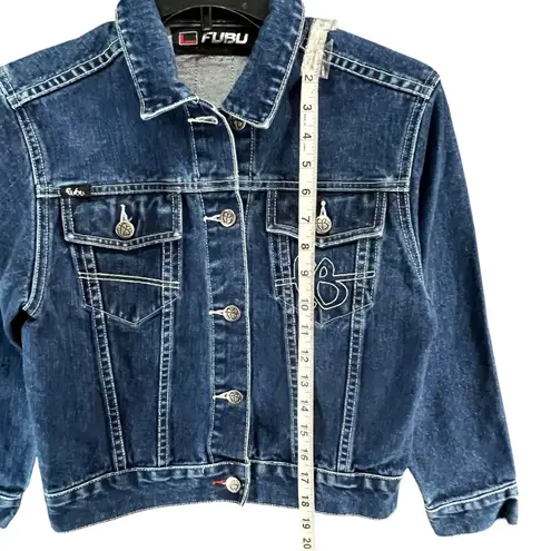 FUBU Vintage 90s Y2K Jean Jacket M Blue Crop Trucker Logo Streetwear Hip Hop Size M
