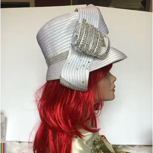 VTG Satin Braided Bucket Hat with Elegant Cascading Rhinestones White Silver 80s