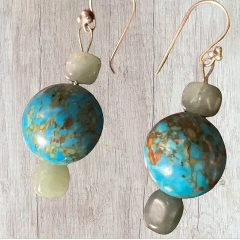 Vintage Genuine Kingman Turquoise & Aventurine Stone Sterling Drop Earrings Blue