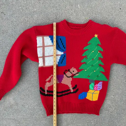 Vintage 80s Christmas Sweater Red Tree Rocking Horse Presents Nostalgia MEDIUM?