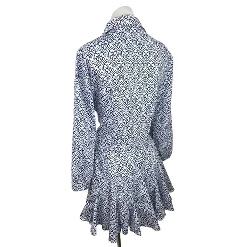 ZARA  Blue Ikat Floral Print Button Down Long Sleeve Swing Flowy Shirt Dress Sz M