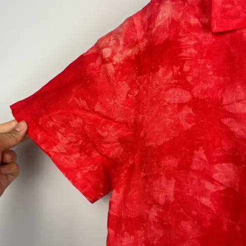 Produce Company Red Tie Dye Fish Print Linen Short Sleeve Button Up Shirt Size M