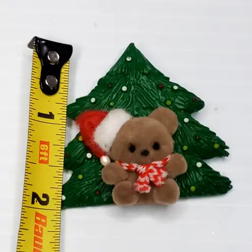 Vintage Christmas Holiday Costume Velvet Bear & Plastic Tree Pin 2"
