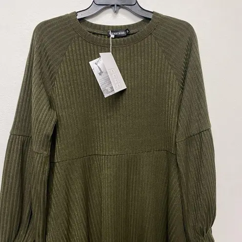 Women's Long Sleeve Medium Olive Green Midi Sweater Dress Ribbed High Waist