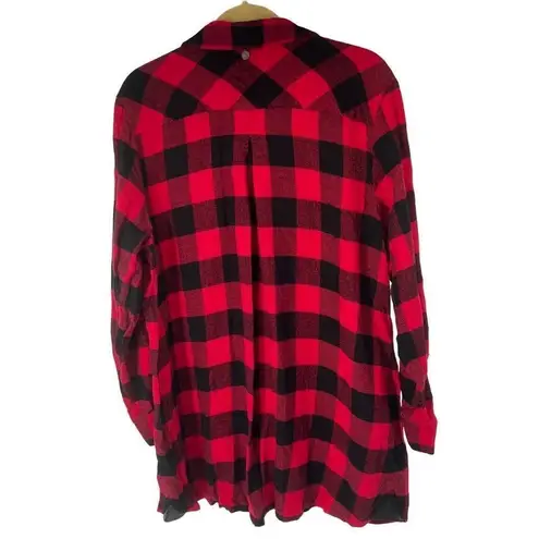 Soft Surroundings Red Black Buffalo Plaid Faux Leather Pocket Detail Button Up T