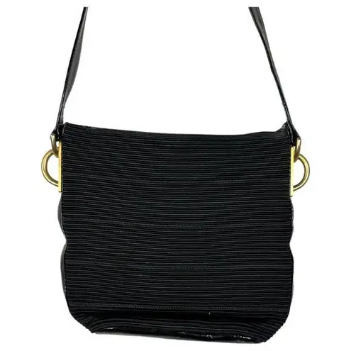 Americana by Sharif Black Ribbed Patent Leather Gold Chain Crossbody Purse