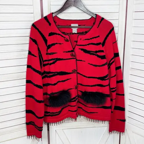Vintage 90s Berek Beaded Tiger Stripe Cardigan Sweater Red Black Medium