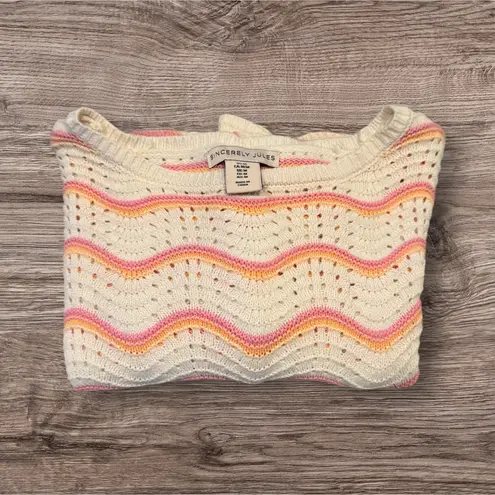 Sincerely Jules Knit Sweater Medium Cream Rainbow Wave Crochet Boho Beachy Pink