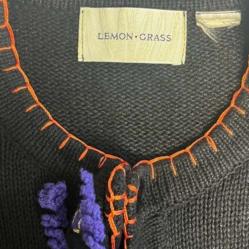 Vintage Lemon Grass Halloween Sweater w/Witch Cat Bat Spider Pumpkin Black