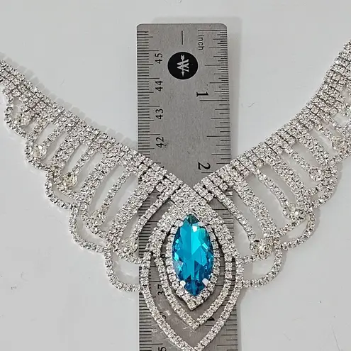 Blue Topaz Crystal Bridal Prom Necklace Set Silver