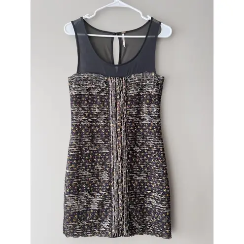 Free People  Women's Gray Floral Mesh Ruffle Shimmy Bodycon Mini Dress Size S