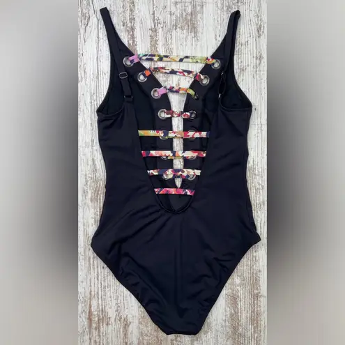 Bleu Rod Beattie Party Animal Lace-Up One-Piece Swimsuit sz 4 black EUC!