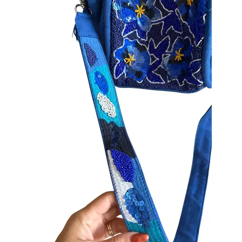 AMERICA & BEYOND Blue Beaded Floral Satchel Crossbody Bag