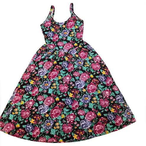 Vintage 80s 90s Black Goth Whimsygoth Witchy Floral Lace Sleeveless Midi Dress Size M