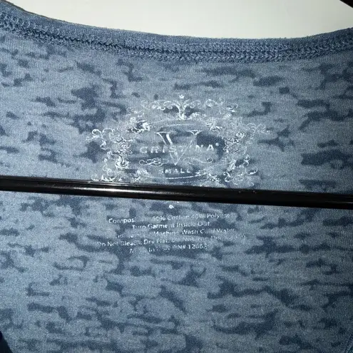 V Christina Y2K Burnout Long Sleeve Top Sz S Rhinestone Peace Sign Graphic Tee Blue