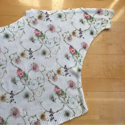 Luisa Ricci Floral, Loose Knit, Cold Shoulder Sweater, White, Pink, Size M Size M