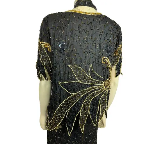 Unique Vintage NWT Stunning Vintage silk sequenced beaded black, gold top, skirt set size large