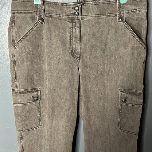 St. John Green Cargo Pants Straight Crop Jeans Cotton Stretch Size 14 High Rise