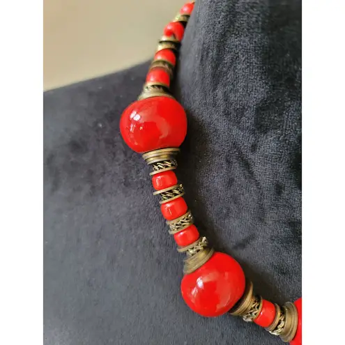 Women's Chunky Red Beaded Statement Necklace With Antique Brass Hook Lock Design
