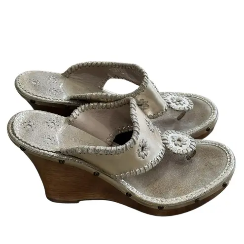 Jack Rogers  Marabella Thong Sandal Whipstitch Shoe Metallic Gold Wedge Size 9