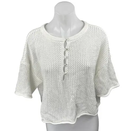 NEW Moon & Madison White Short Sleeve Henley Open Knit Sweater Crop Top Size XL