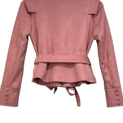 RYEGRASS Faux Suede Light Pink Cropped Moto Zip Up Blazer Jacket With Belt Sz 2