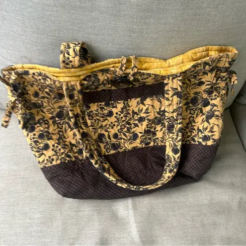 Vintage Handmade mixed media cottagecore quilted tote button closure pockets Yellow