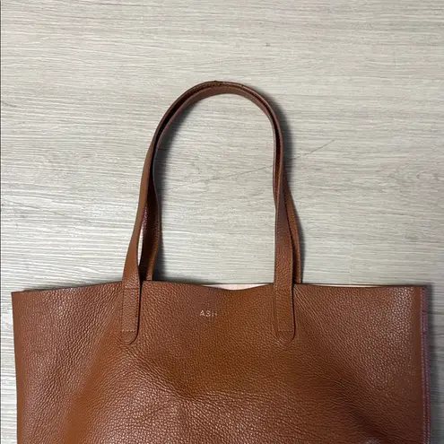 Cuyana Ash Monogramed Tan Leather Shoulder Bag