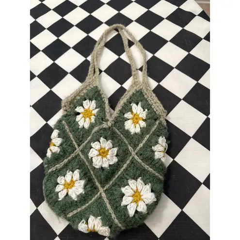 Handmade Crochet Daisy Flower Tote Bag Green White Yellow Boho Granny Square