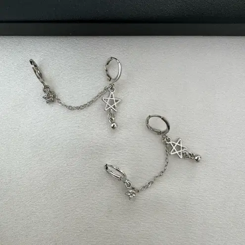 Double Piercing Dangle Chain Star Earrings for Women Silver