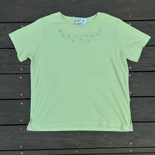 Jaclyn Smith Vintage Pistachio Green Embroidered Floral Cotton T-Shirt