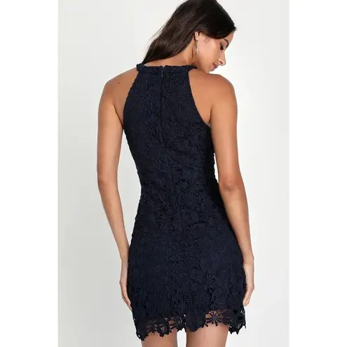 Lulus Love Poem Lace Halter Dress Womens Small Navy Floral Sleeveless Cocktail Blue