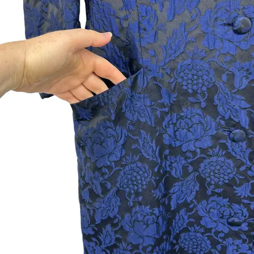 Vintage 1950s Handmade Navy Floral Brocade Coat Dress Mid Century Elegant Blue Size M