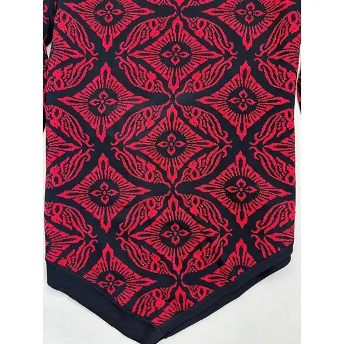 Joan Vass New York Sweater Tunic Size M Black Red Jacquard Asymmetrical Hem