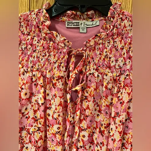 Gypsies & Moondust Pink Floral Smocked Bodice Ruffled Tiered Mini Dress Size XS - Image 5