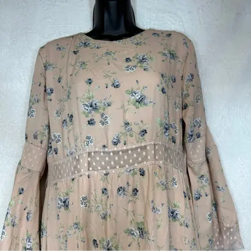 Bagiza Light Pink Floral Print Lace Bell Sleeve Cottagecore Maxi Dress Size 44