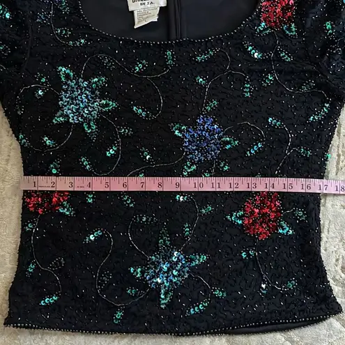 Vintage Brilliante Beaded Sequin Party Top M–L Black Floral Scoop Neck 80’s Size M