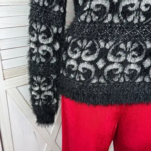 Celsius Premium Scroll Print Fuzzy Eyelash Knit Sweater Black XL